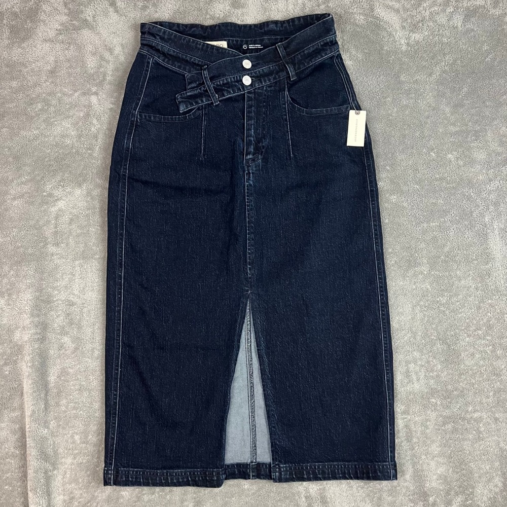 Pilcro Anthropologie Arden Double Waist‎ Denim Skirt Womens 6 Midi Dark Wash NWT